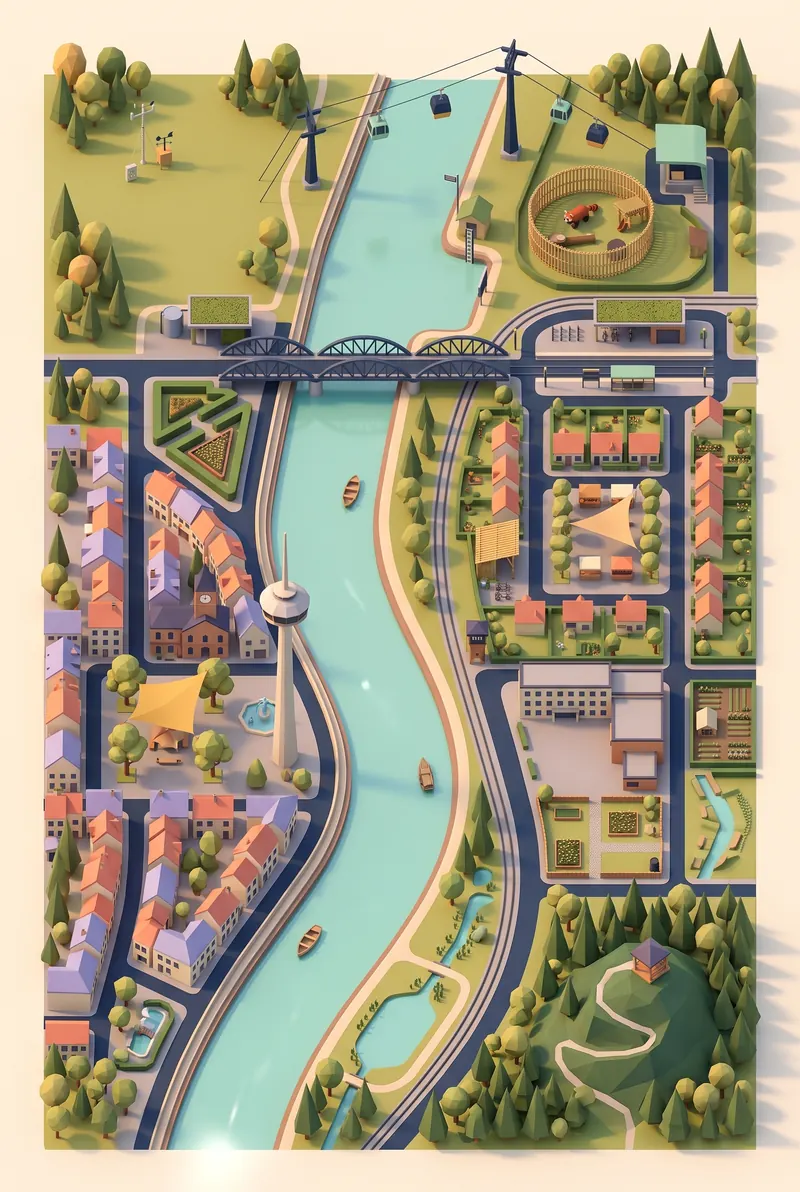 Stadtkarte von Bambusburg: ein Fluss mit Brücke, Wohnviertel, Seilbahn, Gärten und ein Hügel mit Aussichtsturm