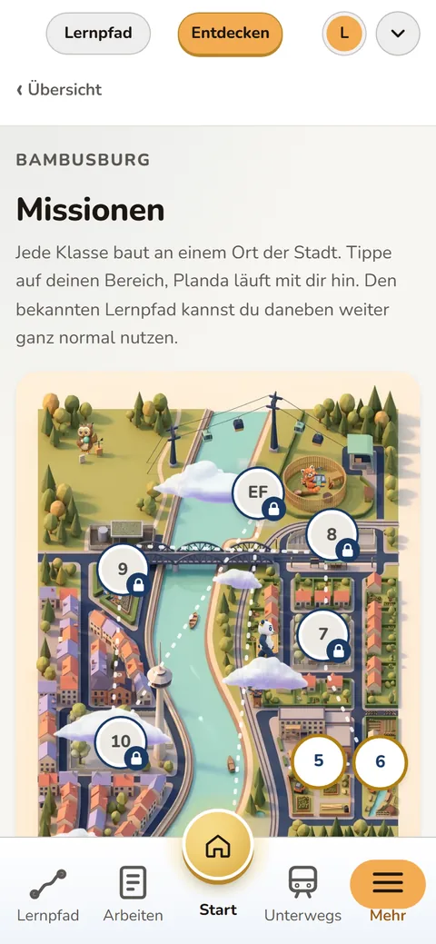 App-Bildschirm Entdecken: die Stadtkarte von Bambusburg mit den Vierteln der Klassen